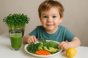 Microgreens detox and anti-inflammatory food and drink in front of child.