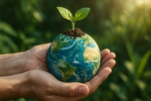 planet in a persons hands with microgreens growing out of the top 