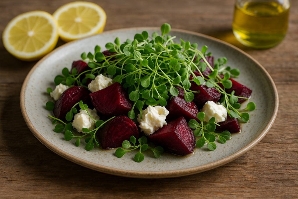 A vibrant gourmet salad featuring roasted heirloom beets, creamy goat cheese, and broccoli microgreens drizzled with lemon vinaigrette on a rustic wooden table in natural daylight.