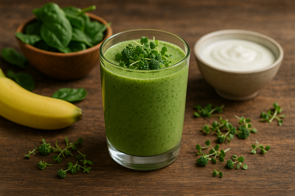 image of a Green Gut Booster Smoothie made with broccoli microgreens, spinach, banana, and Greek yogurt.