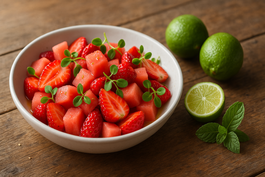 A vibrant summer salad with sliced strawberries, cubed watermelon, kohlrabi microgreens, and lime juice on a rustic wooden table under natural daylight.