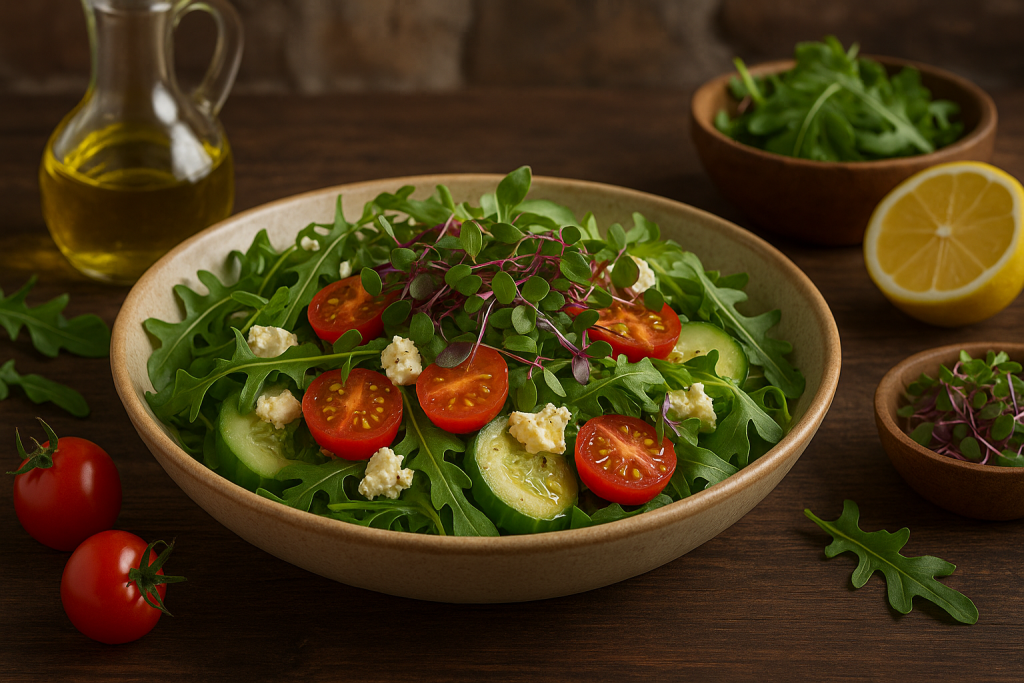 A vibrant Peppery Detox Salad featuring rocket and radish microgreens, cherry tomatoes, cucumber, and feta on a rustic wooden counter with natural daylight.