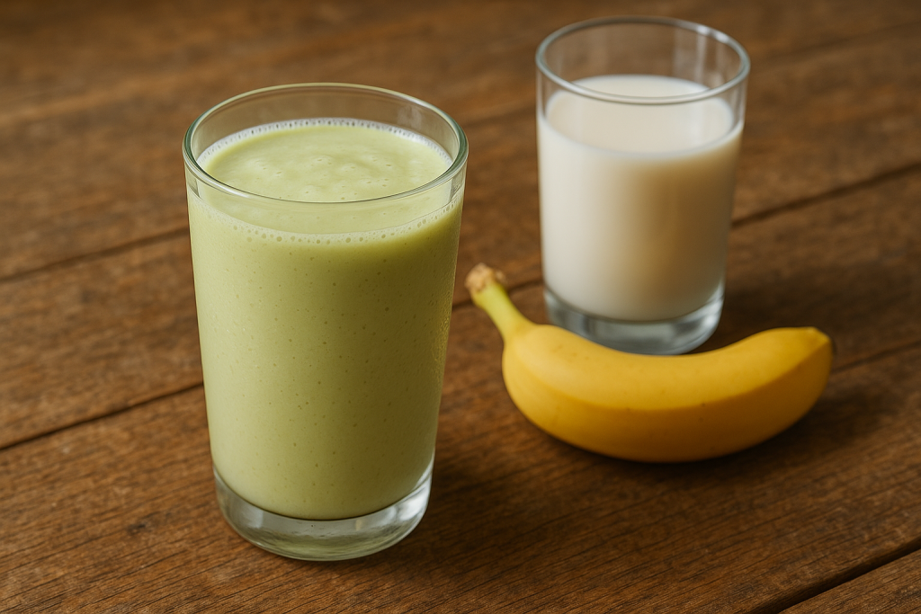 A creamy red clover smoothie with red clover and alfalfa microgreens, banana, and almond milk, served in a glass on a rustic wooden table under natural daylight.