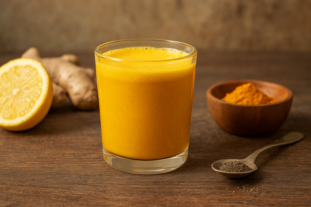 A warm-toned, wide-angle photograph of a golden turmeric elixir in a clear glass placed on a rustic wooden table.